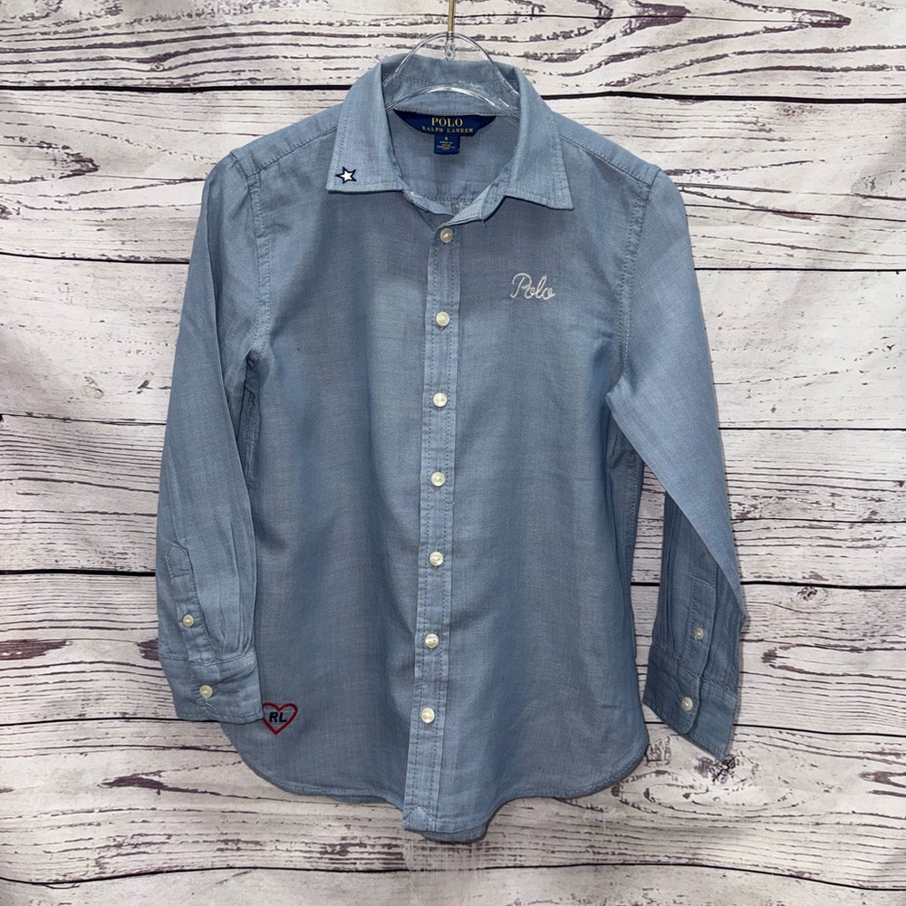 Girls Polo Ralph Lauren Long Sleeve Chambray Embroidered Logo Shirt Size 5